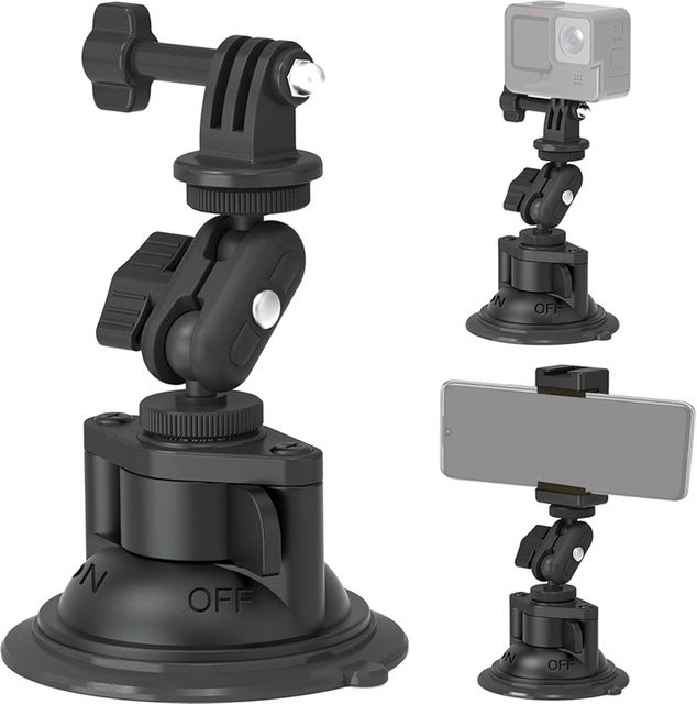 DIXSG 360 Grad verstellbare Saugnapfhalterung in Schwarz für GoPro, DJI Action, Insta360 und Smartphones zur Befestigung an der Windschutzscheibe im Auto - Bild 1
