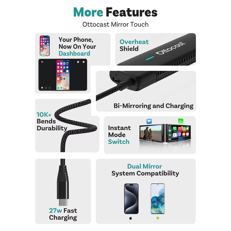 Ottocast Mirror Touch Wireless CarPlay Adapter Black – Bidirektionaler Dongle mit Mirroring für iOS und Android kompatibel mit Audi und Benz - Bild 2