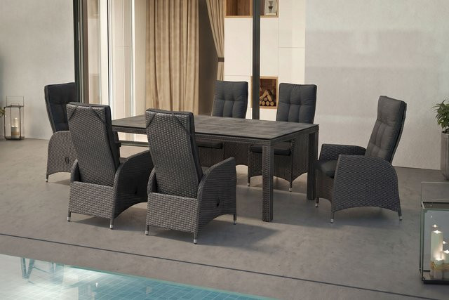 OUTFLEXX Rocking Garten-Essgruppe aus Polyrattan und Aluminium in Grau/Braun-meliert mit Glastisch und 6 Sesseln, Tisch B: 180 cm, T: 110 cm, H: 75 cm - Bild 1
