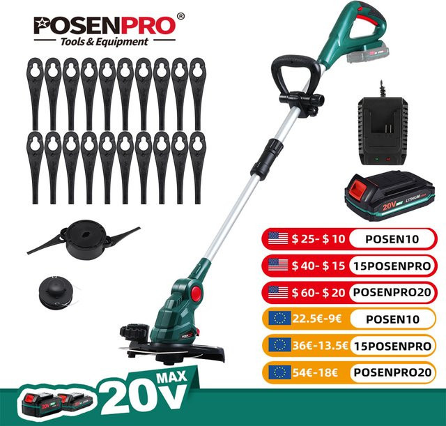 POSENPRO 20 V Akku-Rasentrimmer und Kantenrasenmäher in Grün mit Teleskopwelle und 26 cm Schnittdurchmesser - Bild 1