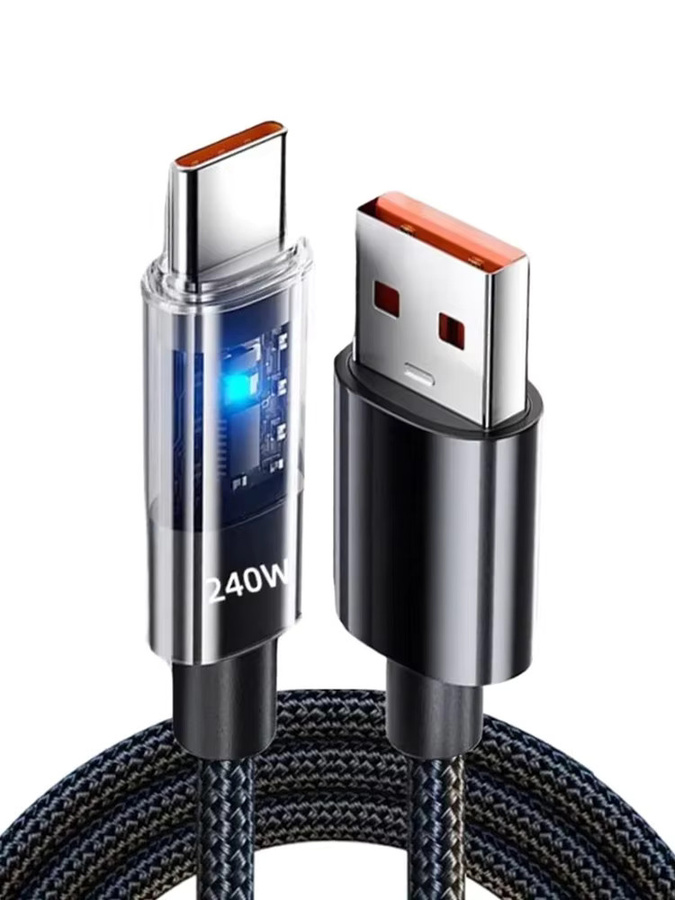 NNBILI 240W Schnelllade-Datenkabel aus Nylon mit LED-Leuchten, USB-A auf USB-C und USB-C auf USB-C, Schwarz - Bild 6