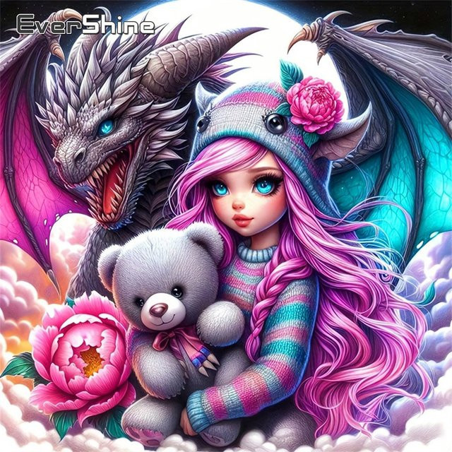 EverShine Diamant-Mosaik Porträt Mädchen Bild mit Strass-Stickerei und Drachen-Motiv, Multicolor, B/H: 20 x 20 cm - Bild 1