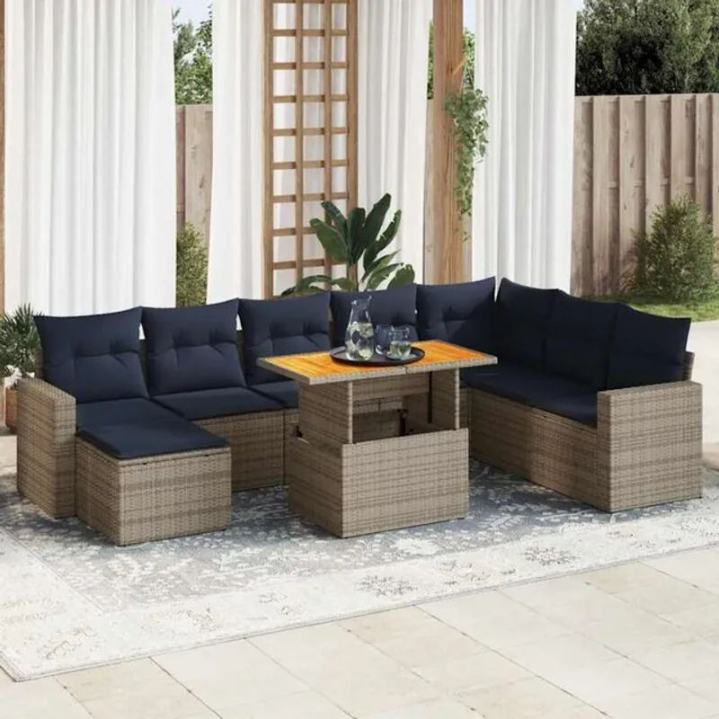 9-teilige moderne Garten-Sofagarnitur mit Kissen aus grauem Poly-Rattan von vidaxl - Bild 1