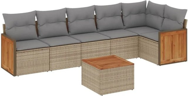 vidaXL 7-teilige Garten-Sofagarnitur aus Poly-Rattan und Akazienholz in Beige-Grau mit Kissen - Bild 1
