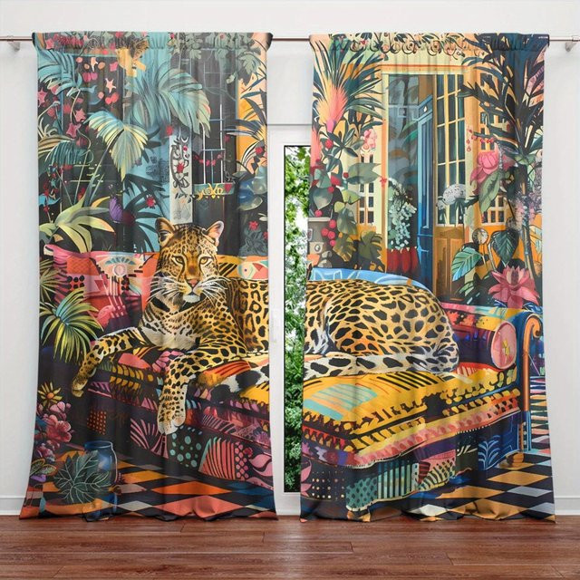 2er-Set Vorhänge mit Leopardenmuster von Household supplies MH, halbtransparent, Mehrfarbig, B: 107 cm, H: 213 cm - Bild 1