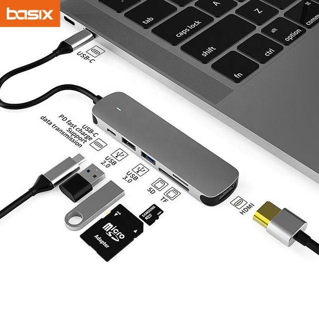 Basix USB-C-Hub Adapter in Grau mit 100 W PD Anschluss, 4K-Kompatibilität und SD-TF-Kartenleser für MacBook Air, iPad Pro und Smartphones - Bild 1