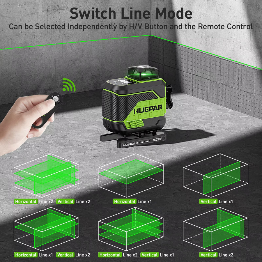 Huepar 4D 16 Linien Laser Level Z04CG Selbstnivellierender Grüner Kreuzlinien Laser Level mit Fernbedienung, Stativ, Detektor und 2 Akkus - Bild 4