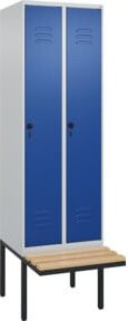 C+P Spind Classic PLUS Garderobenspind mit Sitzbank, 2 Abteile, B/T/H: 212 x 60 x 81,5 cm, Sicherheits-Drehriegel, 4 Garderobenhaken, mittige Trennwand, auskragende Sitzbank, Farbe: Blau/Buche - Bild 1