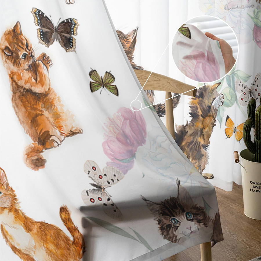 Transparente Tüll-Vorhänge mit Aquarell-Katze, Schmetterling und Blumen im modernen Stil, Farbe: Multicolour, B: 135 cm, H: 115 cm - Bild 2