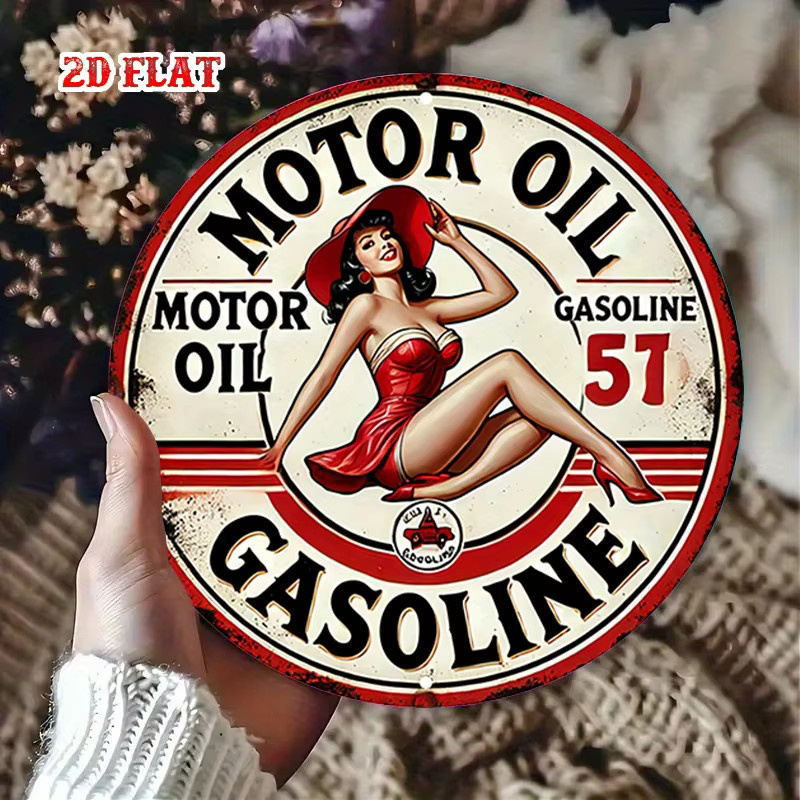 Potdemiel Vintage Metallschild rund mit Pin-Up Girl Motiv, Retro Benzin Werbung Poster aus Aluminium, Durchmesser: 20 cm, Mehrfarbig - Bild 4