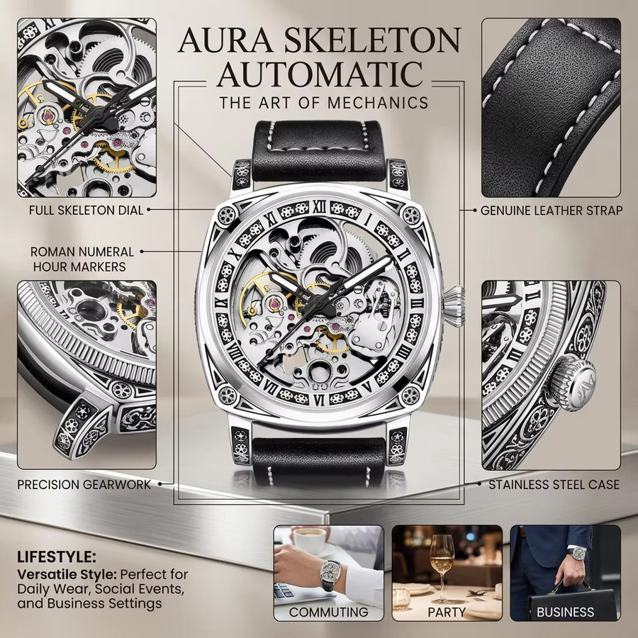CAROTIF Armbanduhr, Mechanisch, Silber, Leder, Herren - Bild 2