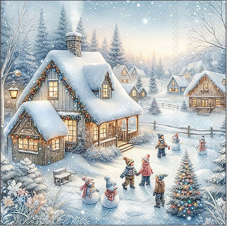 Serviette Winter In Backyard aus Papier in Blau mit Winterlandschaft für ein schönes Ambiente