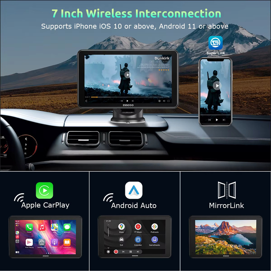 ESSGOO 7-Zoll 4K Tragbares Autoradio mit Touchscreen, Wireless Carplay, Android Auto, Bluetooth, AUX und Mirror Link in Schwarz - Bild 2
