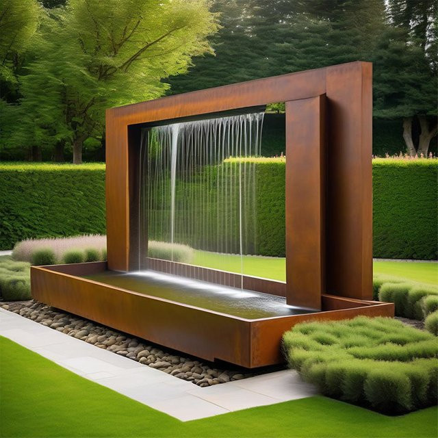 XMSJ Outdoor-Wasserfall und Sprühbrunnen aus Corten-Stahl in Rot und Braun, rechteckiger rustikaler Wasserfall für die Hof-Dekoration - Bild 1