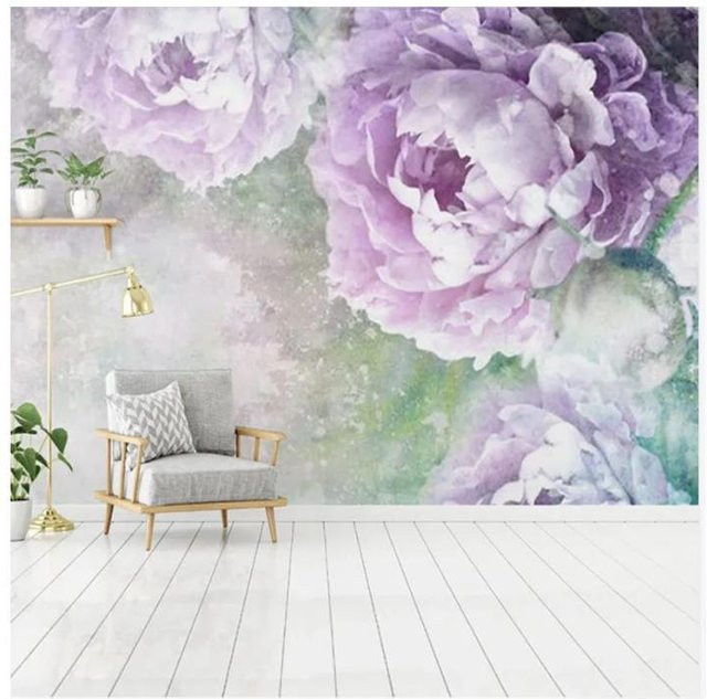 KOMNNI 3D Wandbild Tapete mit handbemaltem Aquarell-Blumenmuster in Lila und Grau, B: 200 cm, H: 140 cm - Bild 1