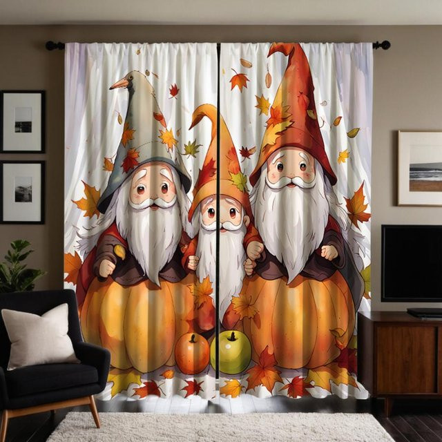 2er-Set Weihnachts-Dekorationsvorhänge mit Zwergen-Motiv in Orange und Weiß, Breite: 132 cm, Höhe: 160 cm - Bild 1
