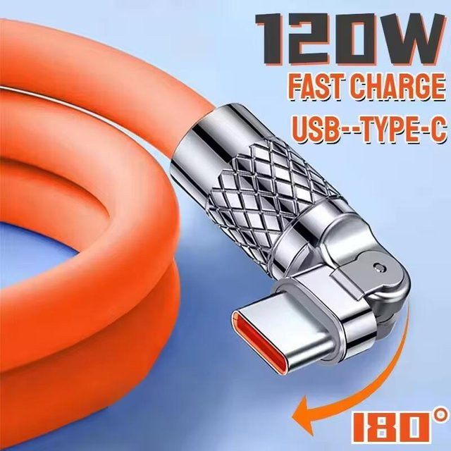 USB-C-Ladekabel mit 120W Schnellladefunktion und 180-Grad-Winkelstecker in Orange - Bild 1