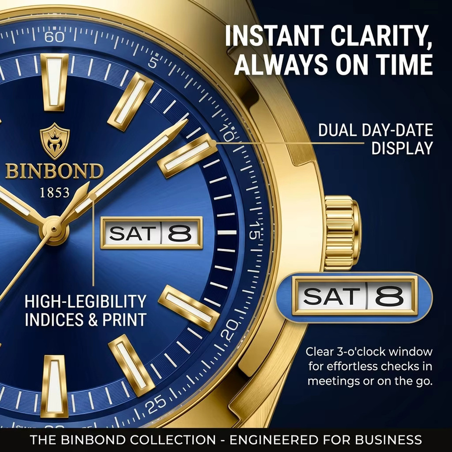 BINBOND Armbanduhr, Quarz, Edelstahl, Gold, blaues Zifferblatt, Herren - Bild 3
