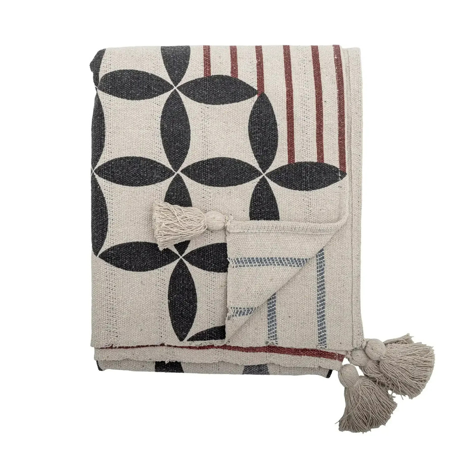 Bloomingville Decke aus recycelter Baumwolle in Beige mit floralem Design und reversiblem Double-Face-Muster, B/B: 130 x 160 cm - Bild 1