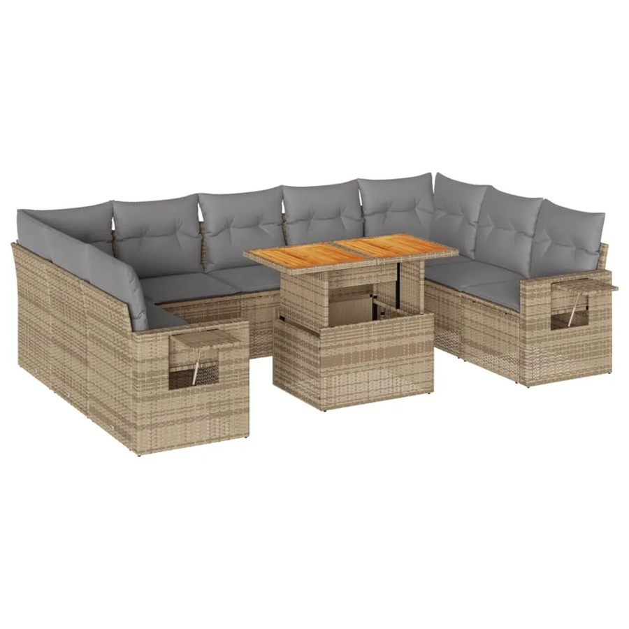vidaXL 10-tlg. Garten-Sofagarnitur in L-Form aus Polyrattan und Akazienholz mit Kissen in Beige und Grau - Bild 2