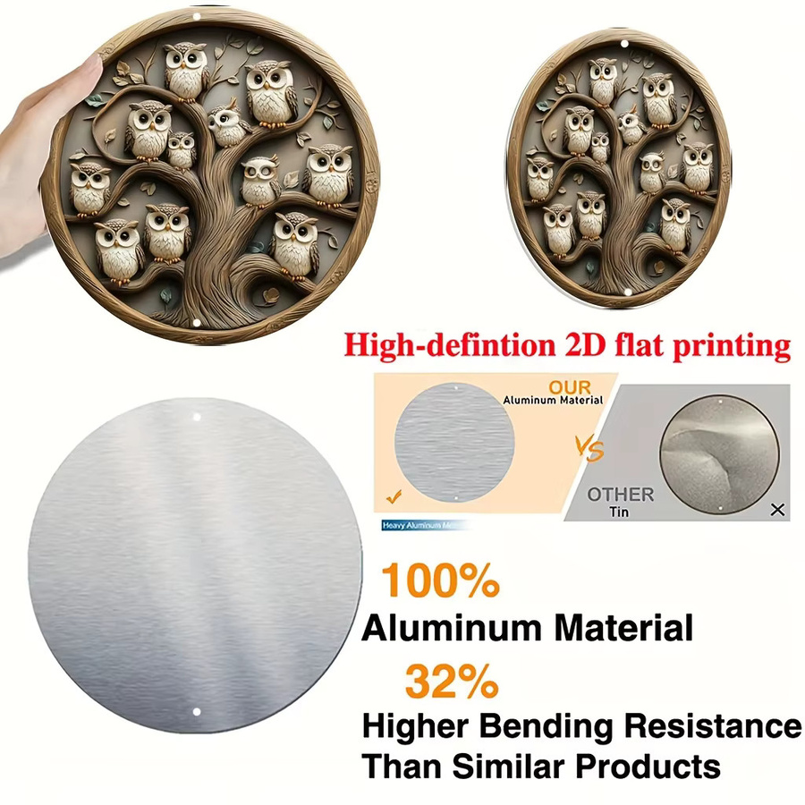 Potdemiel Vintage-Eulenfamilie Wandkunst aus Aluminium in Braun, runde Metall-Wanddekoration mit floralem Design, Durchmesser: 20,3 cm - Bild 3