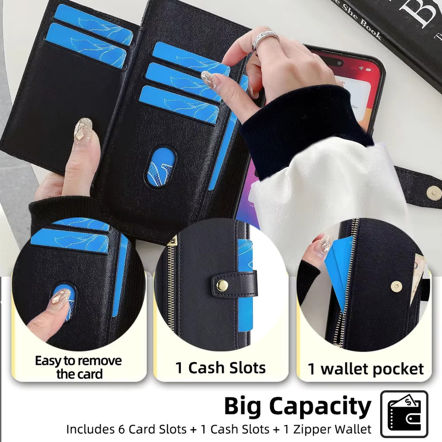 Umhängetasche für Xiaomi Redmi Note 13 13R Pro Plus 13C 5G Poco X6 M6 Pro mit Reißverschluss, Wallet Flip Case und Lanyard in Blau oder Schwarz - Bild 4