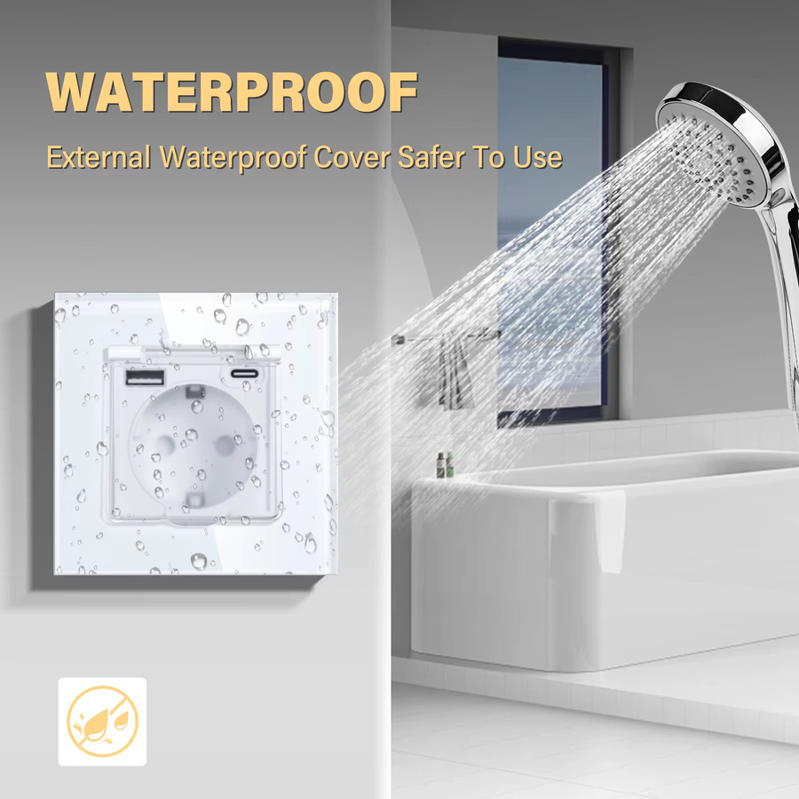 Besamen Touch-Lichtschalter mit Glasscheibe, wasserdichter LED-Schalter mit USB- und Typ-C-Buchse, Farbe: Weiß/Transparent - Bild 2