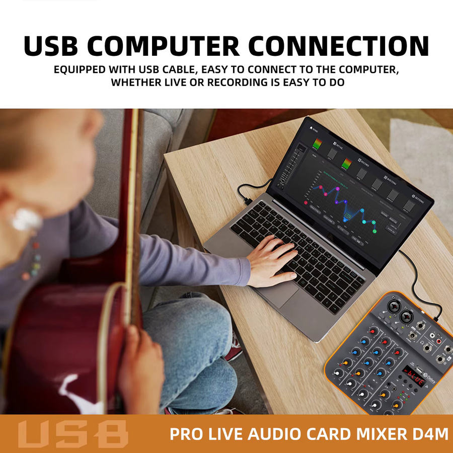IKGE D4M Mini 4-Kanal-Audiomischer DJ-Konsole mit Reverb, Bluetooth 5.0 und USB-Soundkarte für PC-Aufnahmen und Karaoke - Bild 5