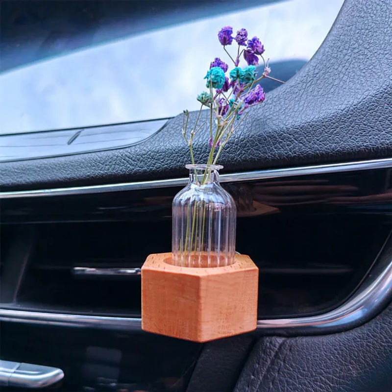 Tooarts Hydroponische Auto-Blumenvase aus Holz und Glas in Braun, minimalistische Dekovase für die Mittelkonsole - Bild 4