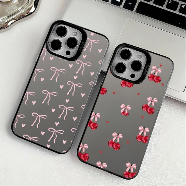 Handyhülle mit Herz-Schleife für Apple iPhone 11 bis 17 Pro Max in Rosa und Mehrfarbig mit Matt Laser Metallic Aurora Effekt - Bild 1
