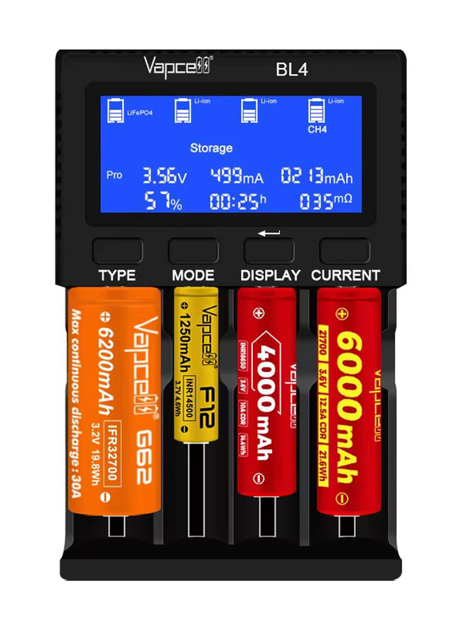 Vapcell BL4 Smart 4-Slot Schnellladegerät für 18650 21700 26650 Lithium-Akkus in Schwarz - Bild 5