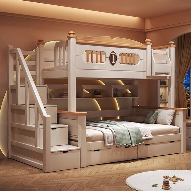 Modernes Etagenbett aus Massivholz von OMGD in Weiß mit Schubladen und Nachttischregal, B/T/H: 120 x 200 cm - Bild 1