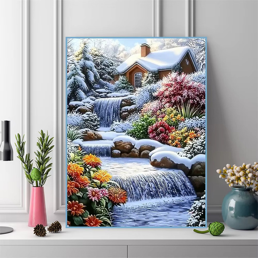 Momoart 5D DIY Diamantmalerei Landschaft Winter mit Fluss als Acryl Mosaik Bastelset in Mehrfarbig - Bild 3