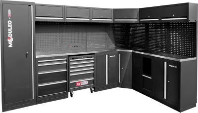KS Tools Werkstattsystem mit XXL-Schrank und Wagen in Schwarz, Edelstahl und MDF, inklusive LED-Beleuchtung, Steckdosen, USB und Lochwand, B/H: 340 x 212 cm - Bild 1