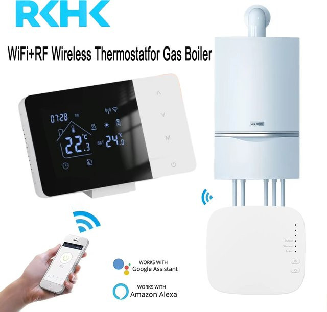 Tuya Smart Heiz- und Kühlthermostat für Gaskessel, batteriebetriebener Temperaturregler mit App-Steuerung und Alexa-Integration, Schwarz - Bild 1