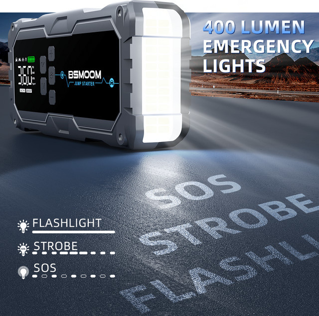 BSMOOM 2-in-1 Auto-Notfall-Starthilfe mit 26800mAh Powerbank, 1500A Spitzenstrom und digitalem 150PSI Reifenfüller inklusive LED-Taschenlampe und LCD-Reifendruckmonitor - Bild 1