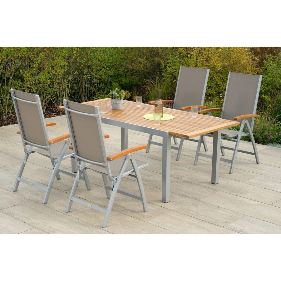 Merxx Naxos 5-tlg. Gartenmöbelset aus Aluminium, Akazie und Textil in Grau, ausziehbar und klappbar, B/T/H: 200 x 90 x 75 cm (ausziehbar auf 150 cm Breite) - Bild 3