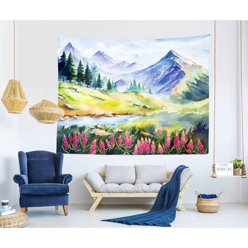 VIKAMA Minimalistischer Landschaftswandteppich mit blauen und violetten Bergen sowie rosa Blumenfeldern in grafischem Design - Bild 2