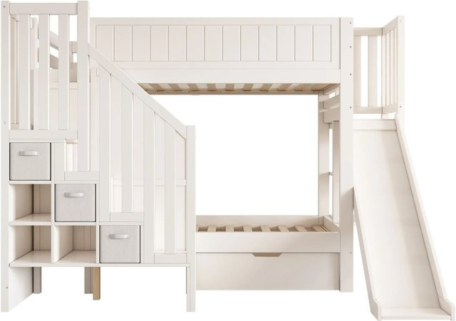 Merax Etagenbett für Kinder in Weiß mit Rutsche, Schubladen und Treppe, B/T/H: 245 x 90 x 166 cm - Bild 1