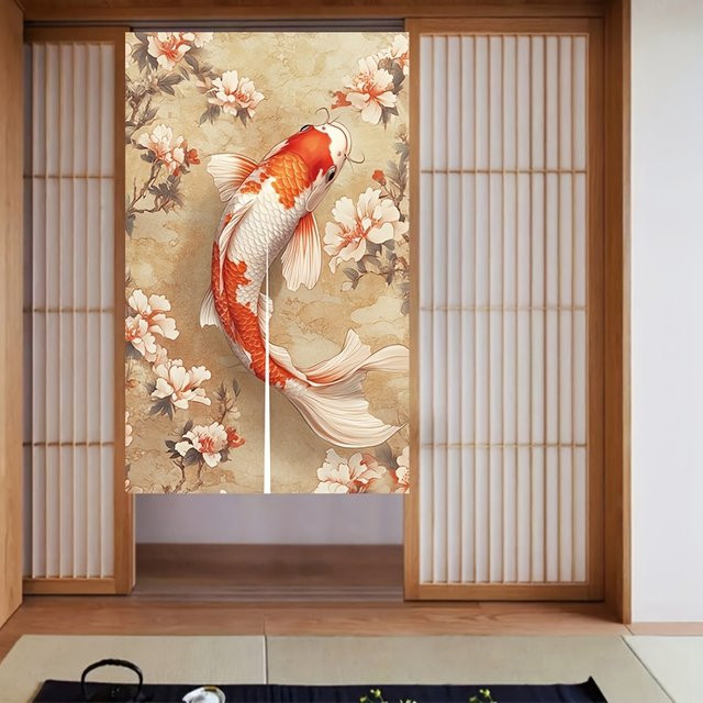 VIKAMA Türvorhang mit Koi- und Blumenmuster in Multicolour, traditioneller chinesischer Halbvorhang für Wohnzimmer und Küche - Bild 1