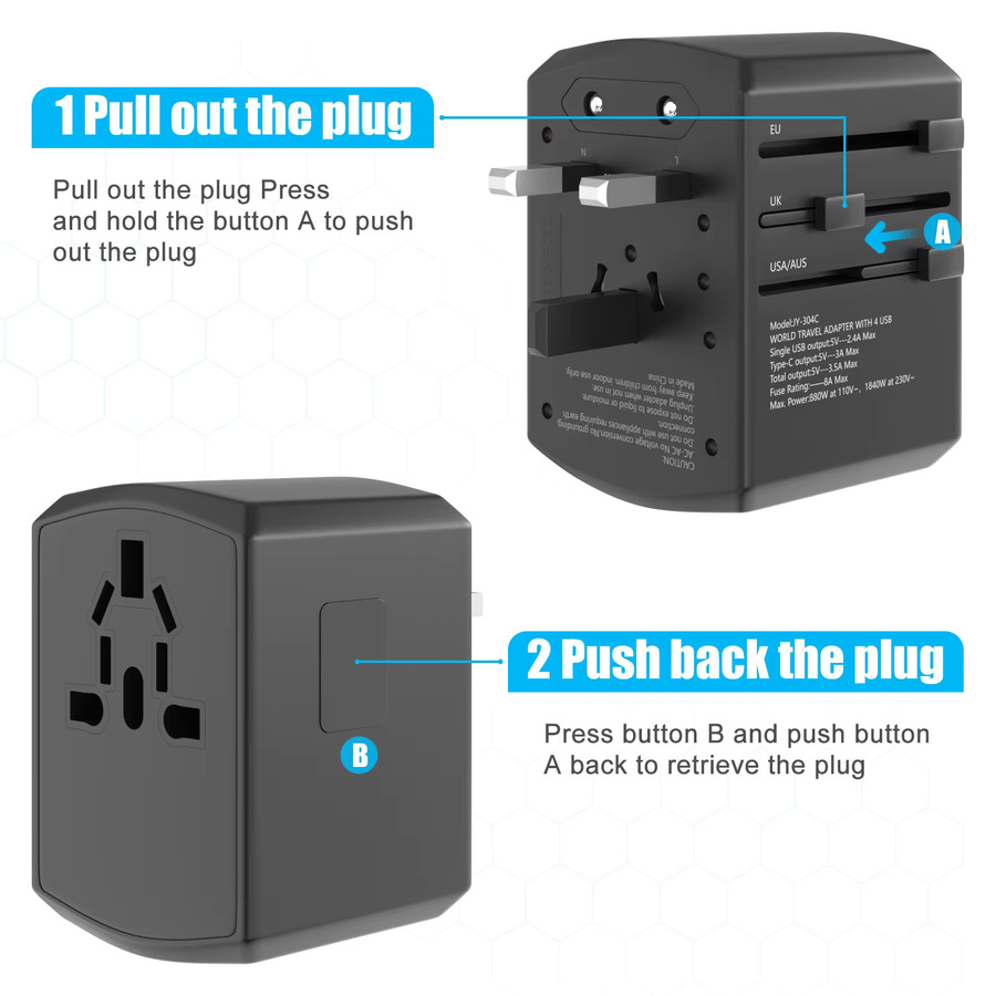 HITRENDS Globaler Universal-Reiseadapter in Schwarz mit 3 USB-A und 1 USB-C Schnellladeanschluss für EU, UK, USA, AU, Südafrika und Indien - Bild 3