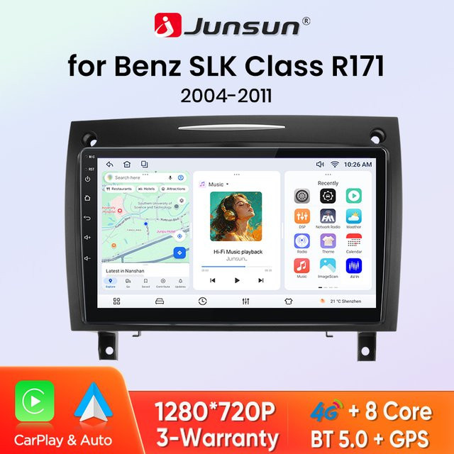 Junsun 8-Kern Android Autoradio mit 4G WiFi, CarPlay und Android Auto für Mercedes Benz SLK-Klasse R171 (2004 - 2011), SLK200 SLK280 SLK300, GPS-Navigation Multimedia-Player in Schwarz - Bild 1