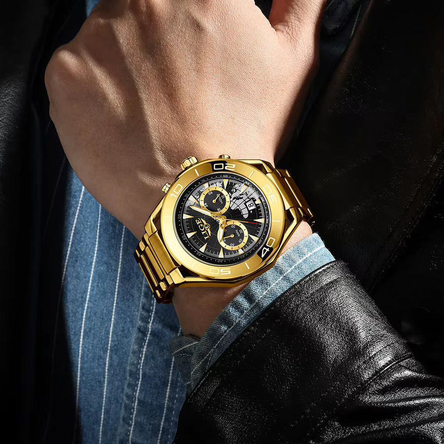 LIGE Armbanduhr Edelstahl, Quarz, Gold, Herren, Wochentagsanzeige - Bild 6