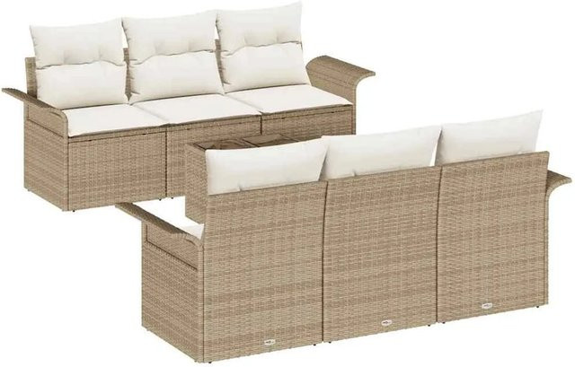 vidaXL Garten-Sofa-Set 7-teilig aus Polyrattan in Beige mit Tisch und Polsterkissen - Bild 1