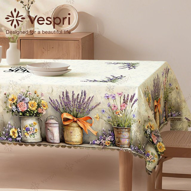 Vespri Frühlingstischdecke mit Blumenmuster in Hellgelb und Weiß aus Polyester für Ostern und Frühlingsdekoration, Rund - Bild 1