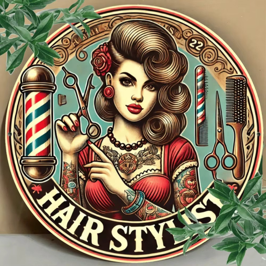 Retro-Friseur-Aluminiumschild CIFBUY als Wanddekoration aus Metall für Friseursalons und Cafés, Mehrfarbig, Breite: 20,32 cm, Höhe: 20,32 cm - Bild 3