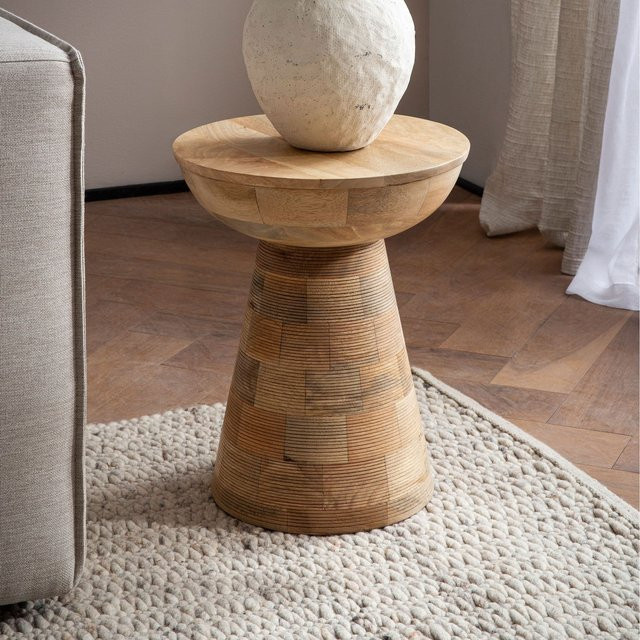 Finebuy Beistelltisch aus Massivholz in Braun mit Rillenmuster, Rund, Durchmesser: 37 cm - Bild 1