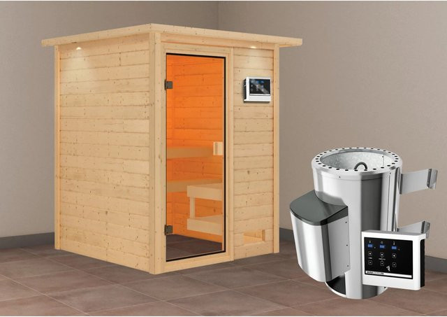 Karibu Massivholzsauna Sandra mit 3,6 kW Ofen, externem Steuergerät und LED-Dachkranz in Natur - Bild 1