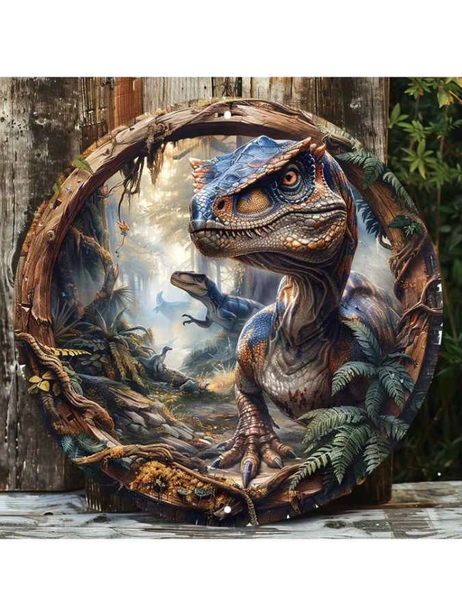 Potdemiel Velociraptor Wandkunst aus Aluminium, rundes Dinosaurier-Dekor für drinnen und draußen, Durchmesser: 20,32 cm - Bild 6