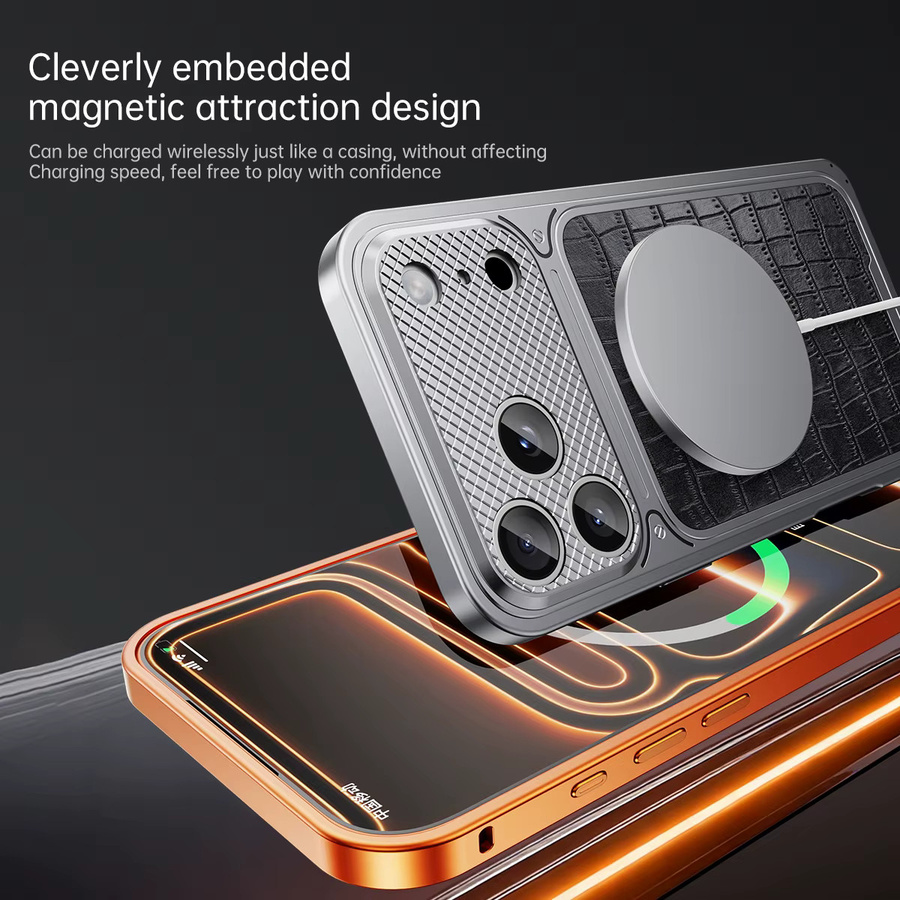 Luxuriöse Handyhülle in Krokodilleder-Optik für iPhone 17 16 Pro Max mit Metallrahmen und Sturzschutz in Schwarz - Bild 2